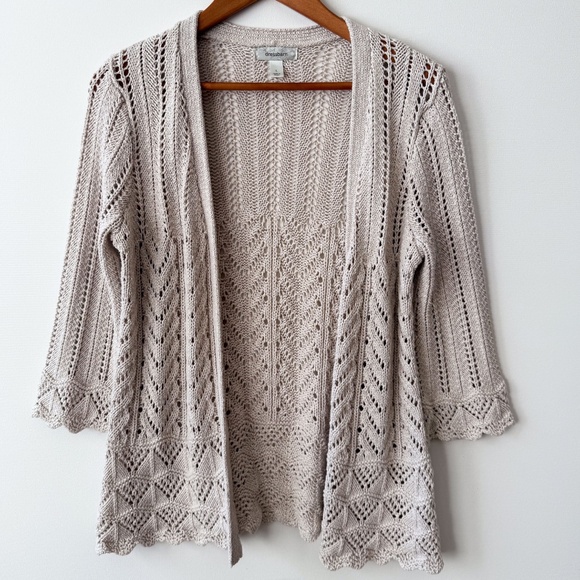 Beautiful Boho Ivory Open Weave Cable Knit Cardigan Large Sweater Cottage Core - Picture 3 of 11